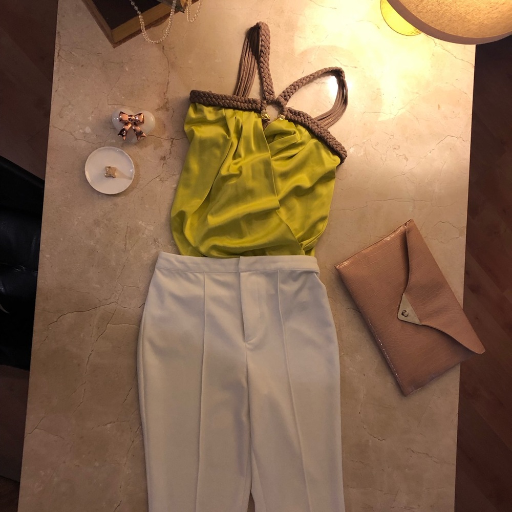 Lime satin top with gold accent